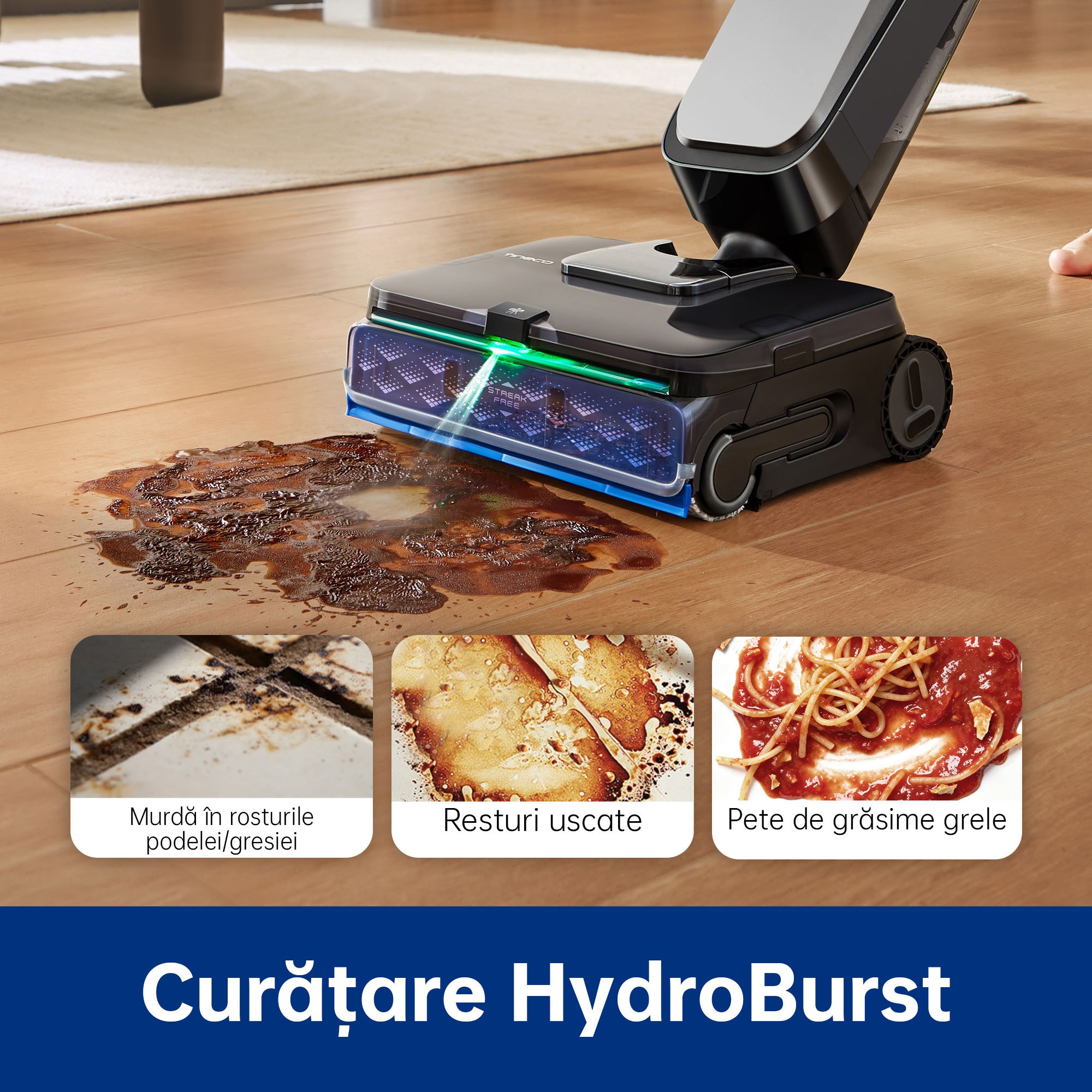 Aspirator Vertical Cu Spalare Tineco Floor One S9 Scientist Complete, 230 W, Aspirare Uscat/Umed, Tehnologie HyperSteam 160°C, Autocuratare FlashDry 85°C, Autonomie 80 Min, 30 V, WiFi, Control Vocal, Negru
