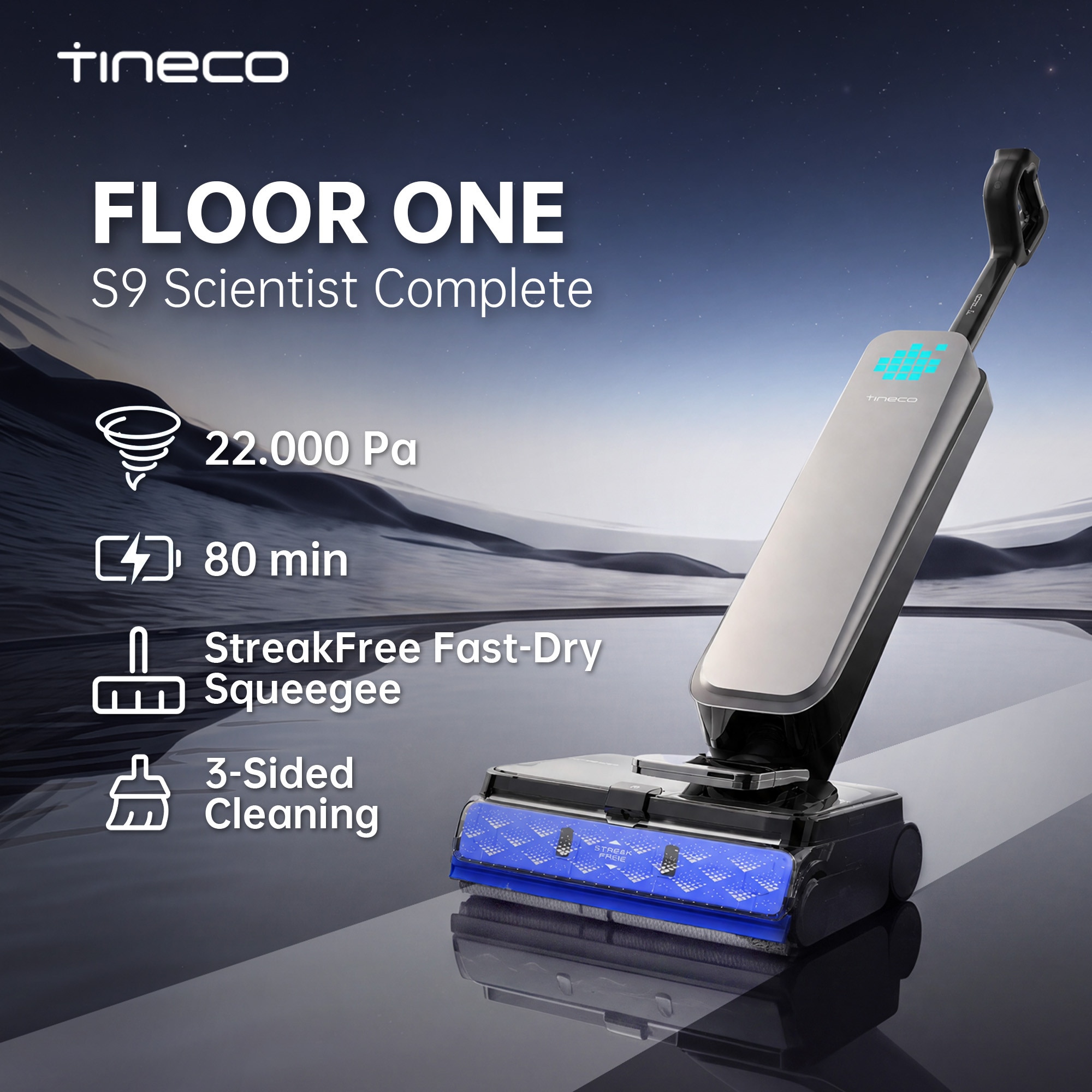 Aspirator Vertical Cu Spalare Tineco Floor One S9 Scientist Complete, 230 W, Aspirare Uscat/Umed, Tehnologie HyperSteam 160°C, Autocuratare FlashDry 85°C, Autonomie 80 Min, 30 V, WiFi, Control Vocal, Negru