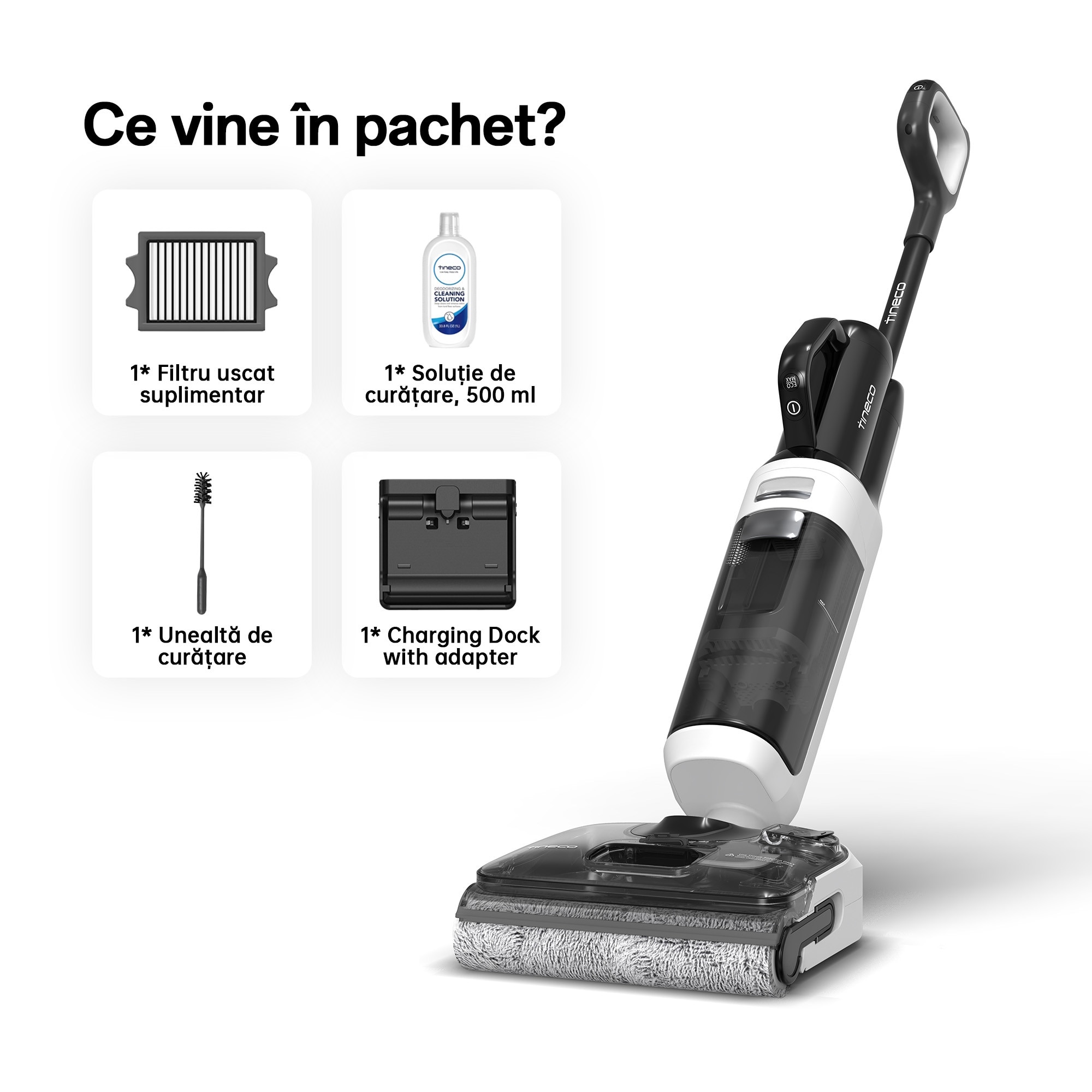 Aspirator Vertical Cu Spalare Tineco Floor One Switch i5 Stretch, 190 W, Aspirare Uscat/Umed, 180° Flexibil, Autonomie 35 Min, 21.6 V, Alb