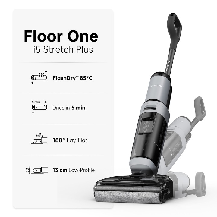 Aspirator Vertical Cu Spalare Tineco Floor One i5 Stretch Plus, 210W Putere, 20kPa, 180° Flexibil, Senzor Inteligent, Autonomie 30 Min, Alb + Card Cadou Solutie de Curatare