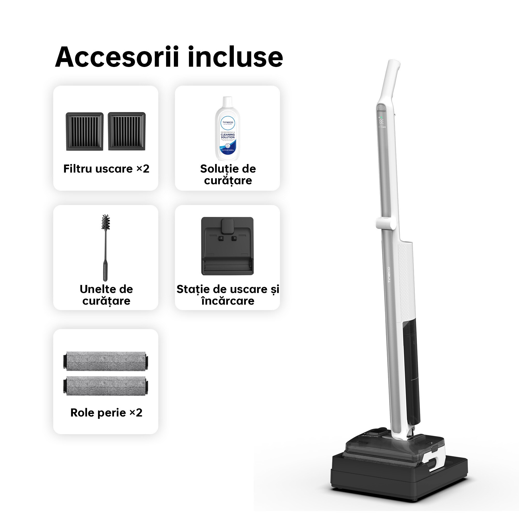 Aspirator Vertical Cu Spalare Tineco Floor One i7 Fold Premium, 190 W, Aspirare Uscat/Umed, Pliabil 180°, Autocuratare, Autonomie 35 Min, 21.6 V, WiFi, Alb