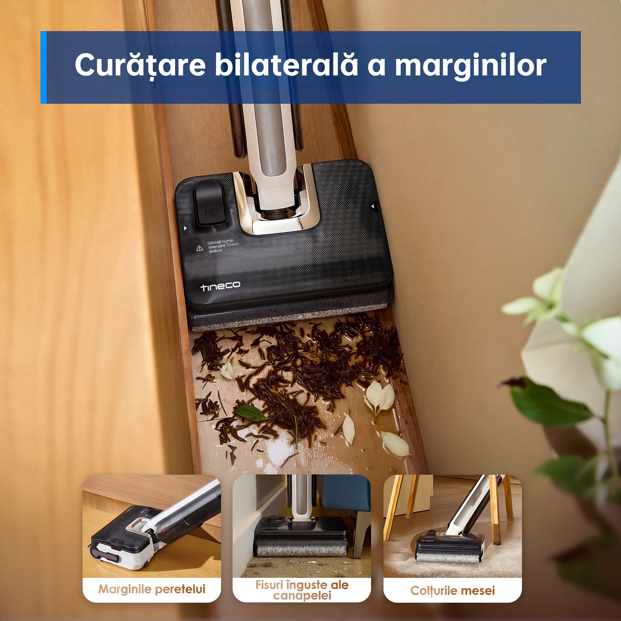 Aspirator Vertical Cu Spalare Tineco Floor One i7 Fold Premium, 190 W, Aspirare Uscat/Umed, Pliabil 180°, Autocuratare, Autonomie 35 Min, 21.6 V, WiFi, Alb