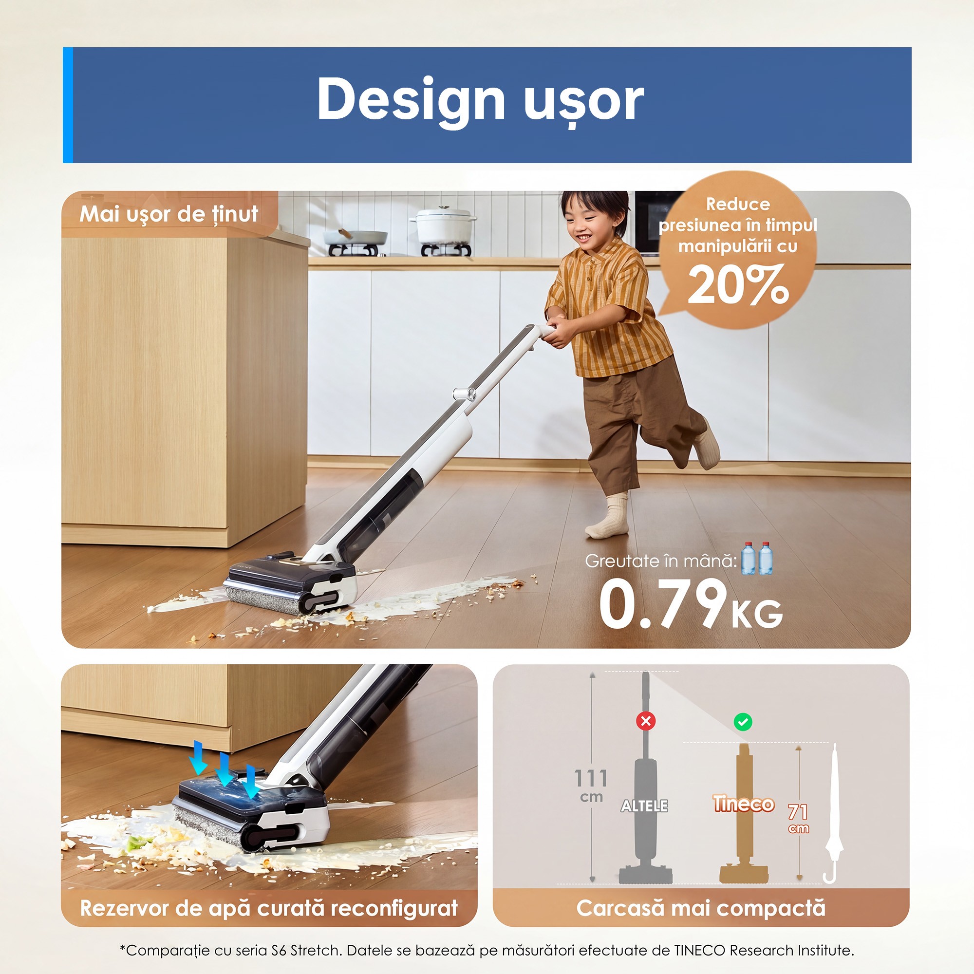 Aspirator Vertical Cu Spalare Tineco Floor One i7 Fold Premium, 190 W, Aspirare Uscat/Umed, Pliabil 180°, Autocuratare, Autonomie 35 Min, 21.6 V, WiFi, Alb