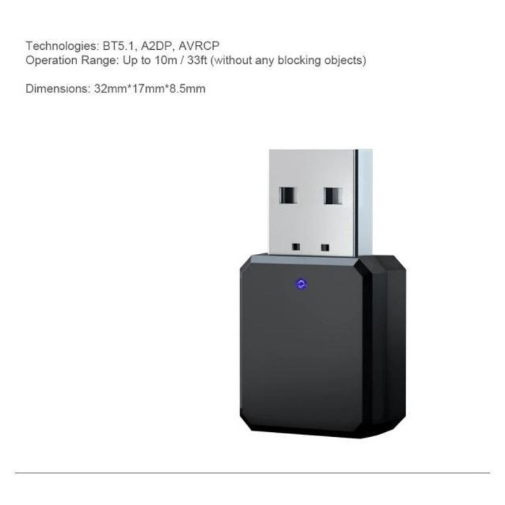 Adaptor Bluetooth 5.0 USB AUX mini, negru, 12V