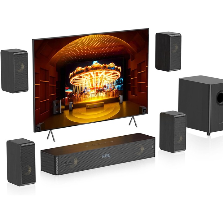 Soundbar 5.1.2CH Lemn, 4 difuzoare surround, 400W, subwoofer 5.25", Cinema Virtual
