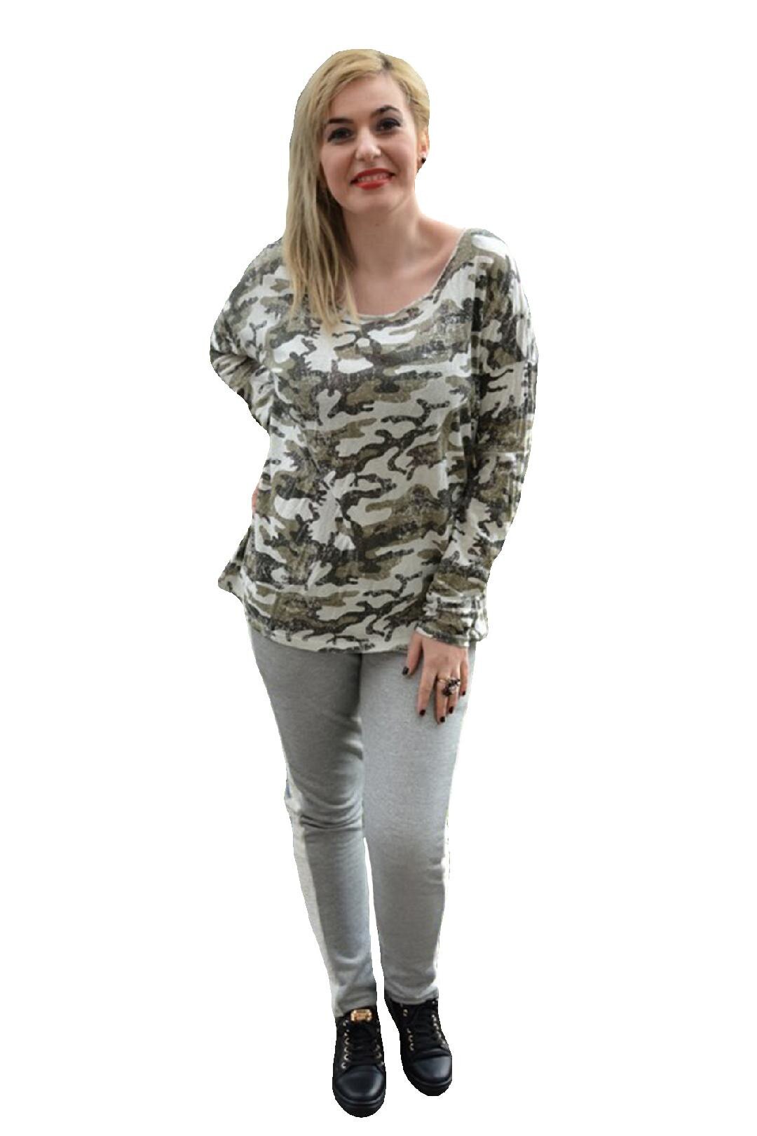 Bluza trendy cu maneca lunga, masura mare,D&J Exclusive, Alb/verde