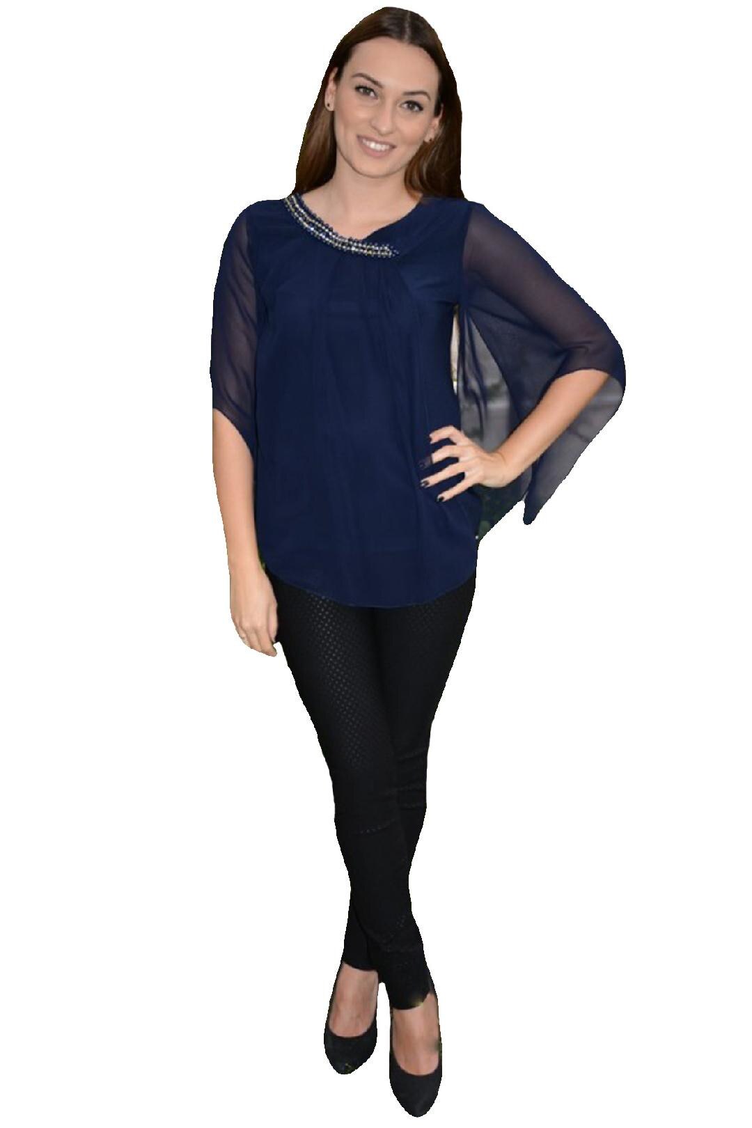 Bluza eleganta cu voal si margele aplicate, D&J Exclusive, Albastru marin