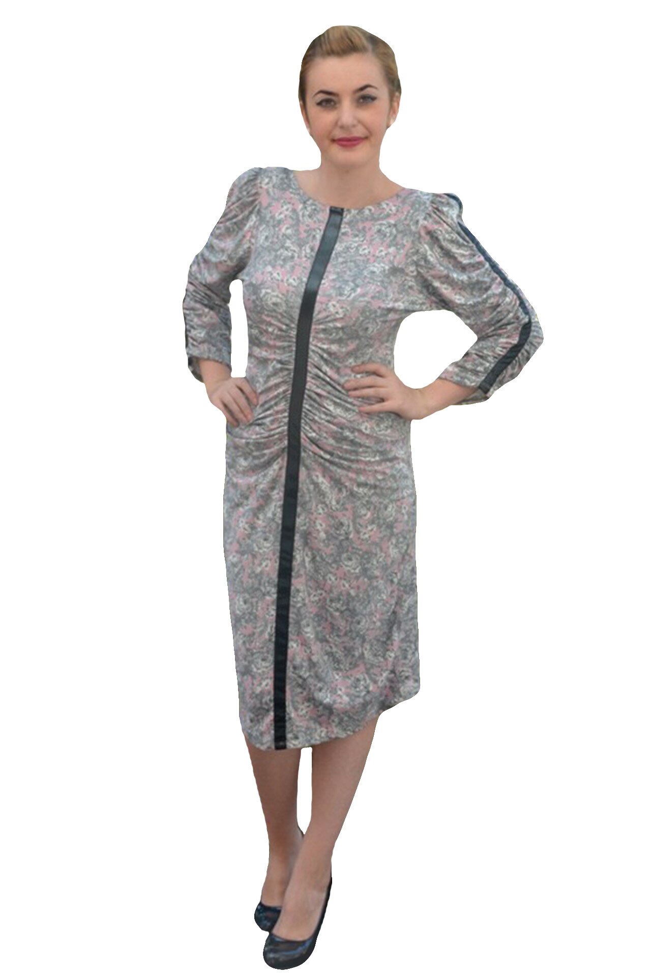 Rochie rafinata, cu maneci lungi, D&J Exclusive, Roz-Gri, Roz-gri