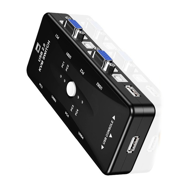 USB2.0 KVM kapcsoló, 2 vagy 4 portos, 1080P, fekete, 10.3x7.5x2.6cm