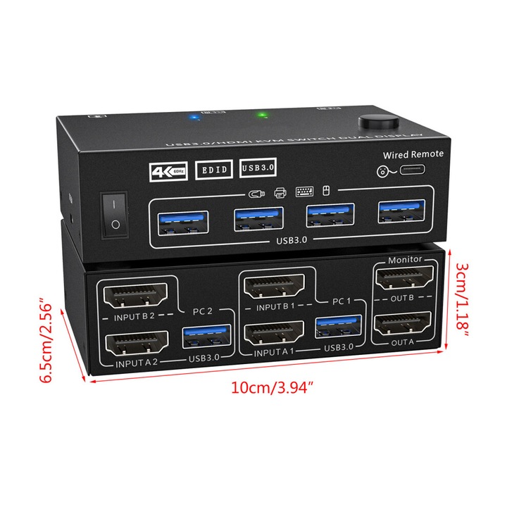 KVM USB3.0 kétcsatornás kapcsoló, fekete, 10x6.5cm