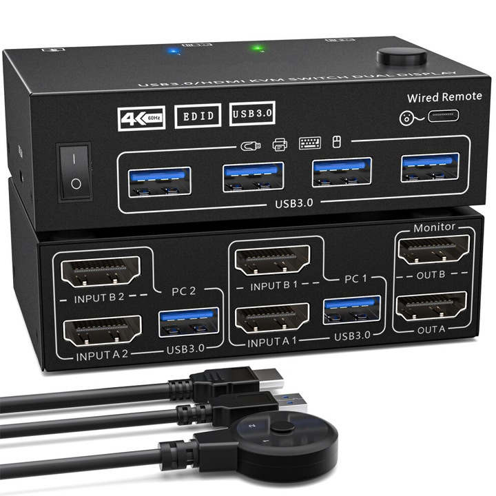 KVM USB3.0 kétcsatornás kapcsoló, fekete, 10x6.5cm