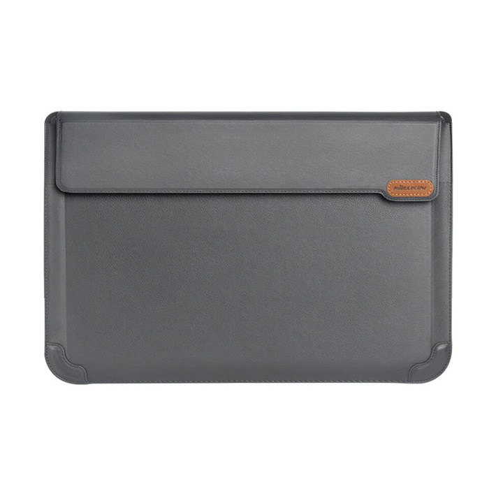 Husa laptop 16,1 inch, piele PU, negru gri, suport magnetic, captuseala flanela