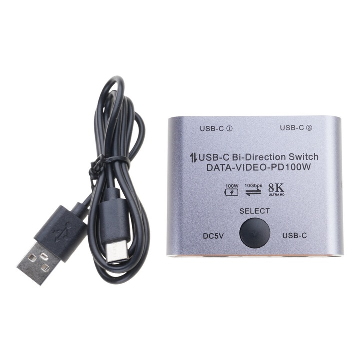 Kétirányú USB C kapcsoló 8K 59x53mm, 100W töltés, 10Gbps adatátvitel