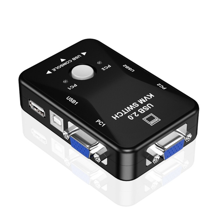 USB 2.0 KVM kapcsoló, 2 vagy 4 portos, 1080P, fekete, 10.3x7.5x2.6cm