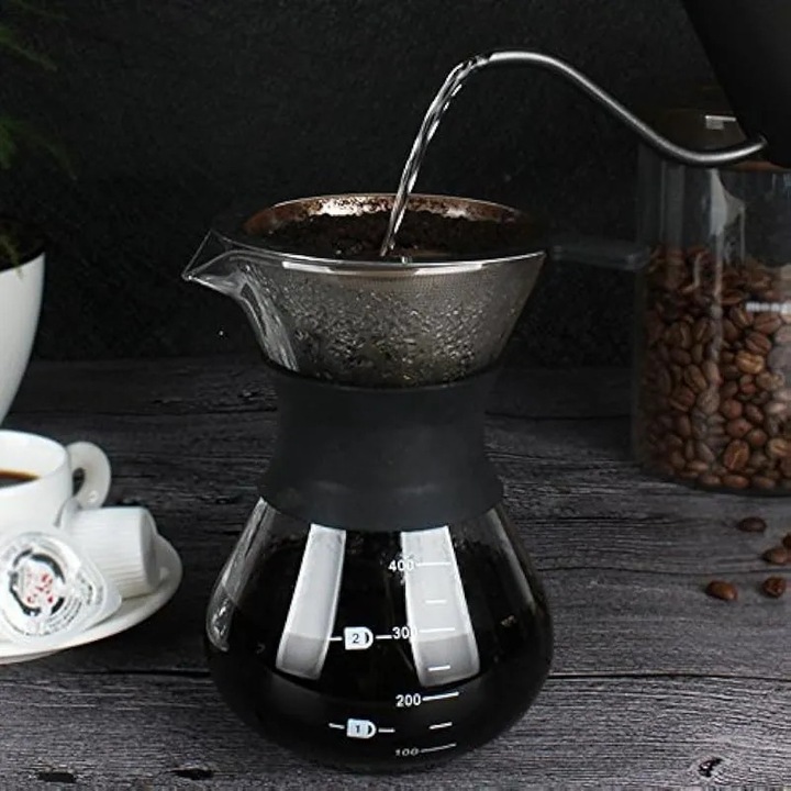 Cafetiera manuala sticla filtru inox negru transparent