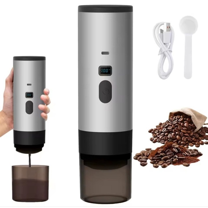 Cafetiera portabila fara fir Planet Tech 3 in 1 cu afisaj, 20 bari, Compatibila cu capsule Nespresso, Dolce Gusto, Cafea macinata, Gri