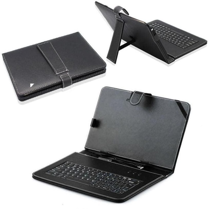 Husa tableta 10.1 inch cu tastatura USB din piele PU neagra