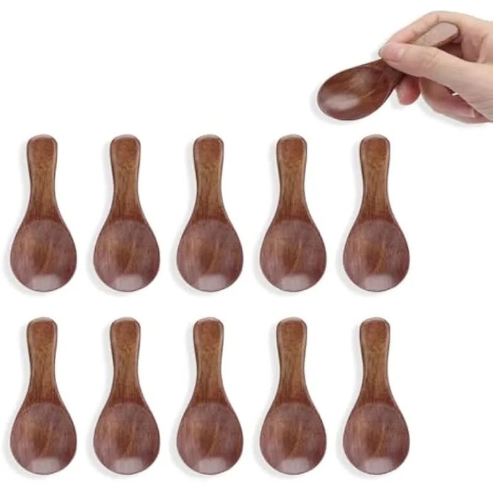 Set 10 lingurite lemn mini, rotunde, scurte, naturale, 5x2cm