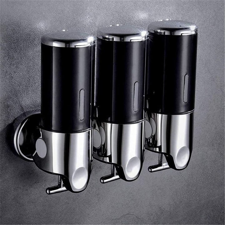 Dispenser sapun manual 3 compartimente negru 30x10x8cm set perete