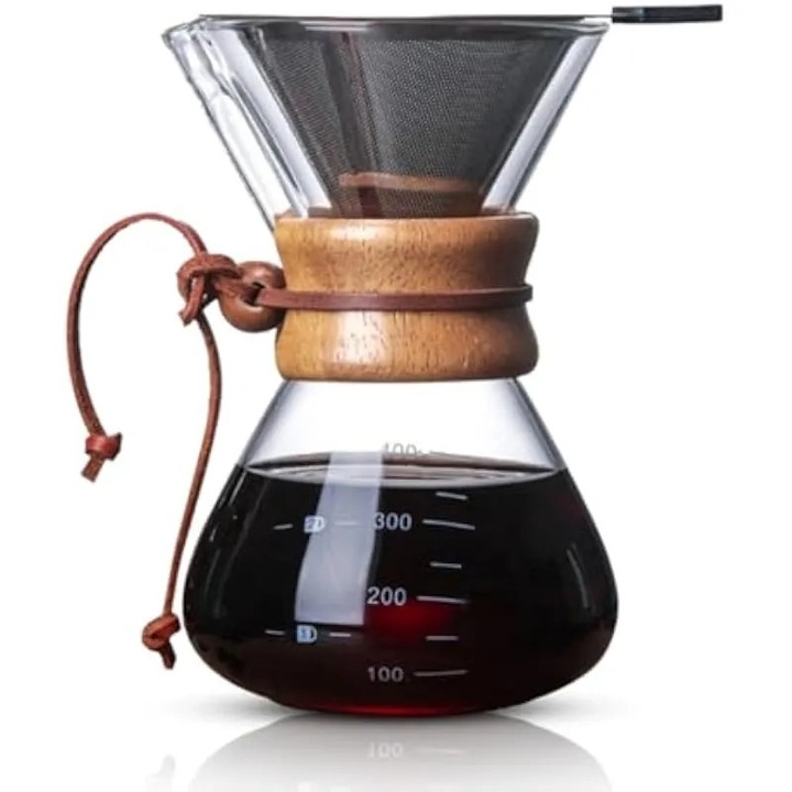 Cafetiera manuala, filtru dublu, sticla borosilicata, 400ml, lemn, inox