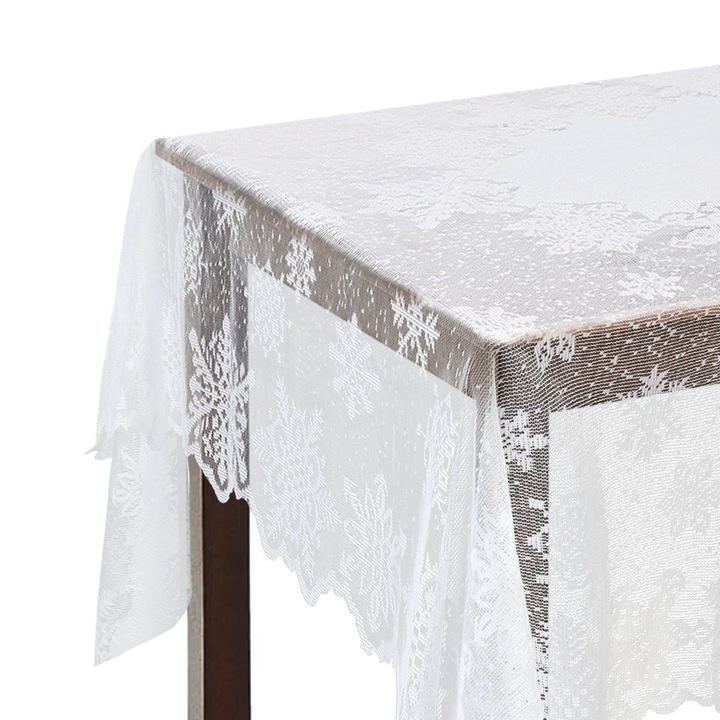 Téglalap alakú csipketerítő k0441-0720-QHeamg200942, poliészter, hópelyhes mintával, fehér, 60 x 84 inch