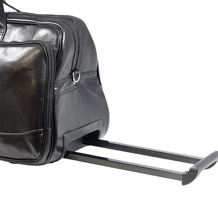 Geanta de voiaj din piele naturala neagra, cu roti si maner retractabil, Suveran, made in italy