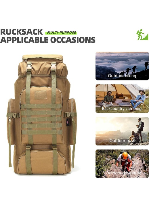 Rucsac drumetie trekking 80L, rezistent apa, galben pamantiu, reglabil, 30x40x75cm