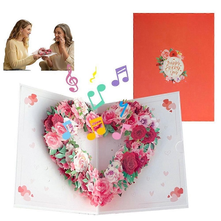 Felicitare 3D pop-up cu inima si flori, mesaj vocal inregistrabil, 20x15cm