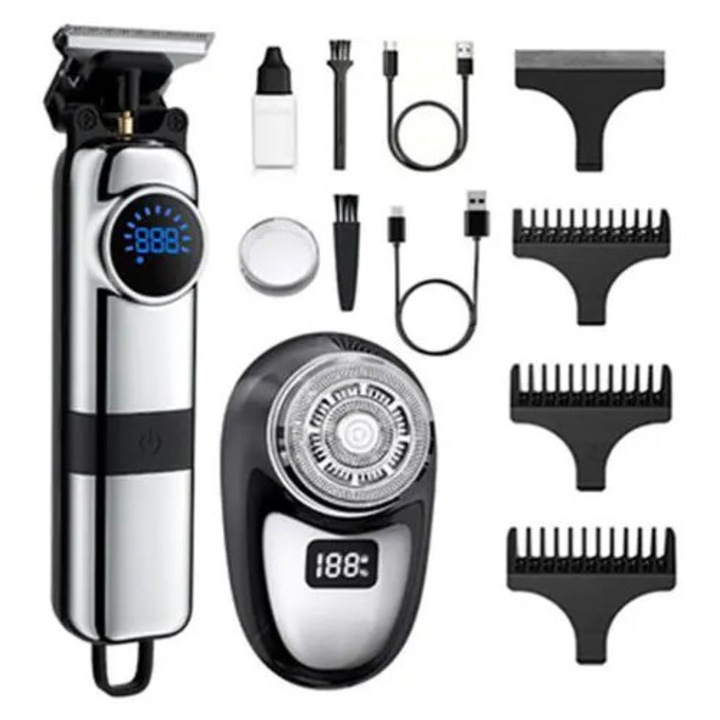 Set aparat de tuns si ras rotativ K0285-EP0814-HJ31239, motor levitatie magnetica 7200 RPM, incarcabil USB, afisaj LED, negru/argintiu