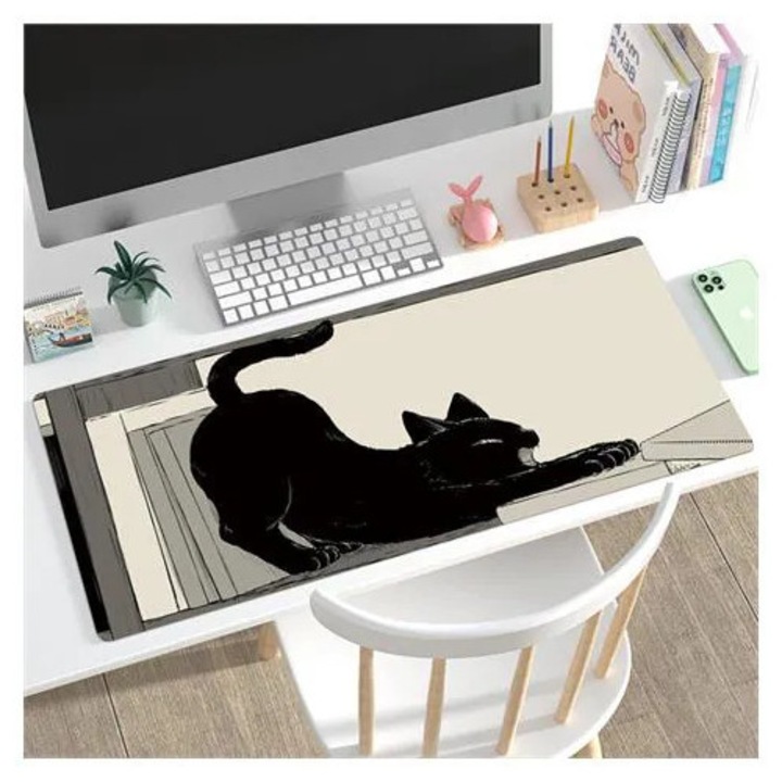 Mousepad cu pisica, dimensiuni extra large, negru, 80x40cm