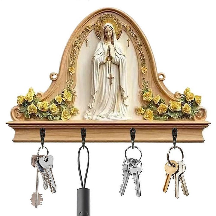 Suport chei perete lemn religios 30x25x0.5cm cu 4 carlige si raft