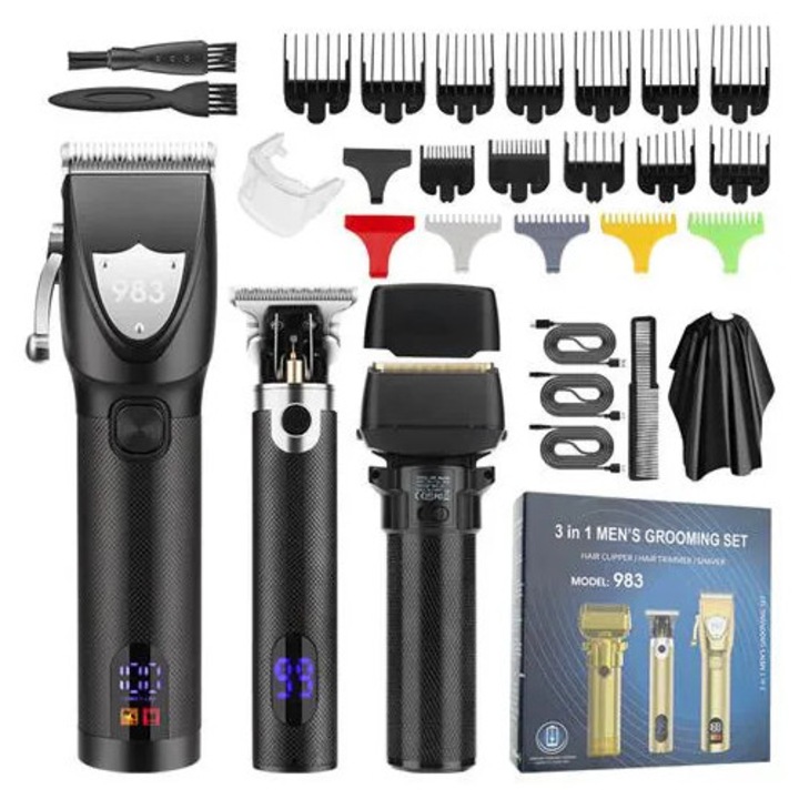 Set 3-in-1 trimmer pentru barbati, negru, kit complet cu accesorii
