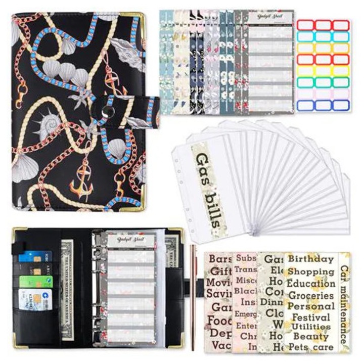 Binder A6 din PU K0285-EP0814-HJ32179, cu fermoar si inele, set accesorii (12 plicuri cu fermoar, 12 carduri bugetare, stickere, pix rose gold), Negru multicolor