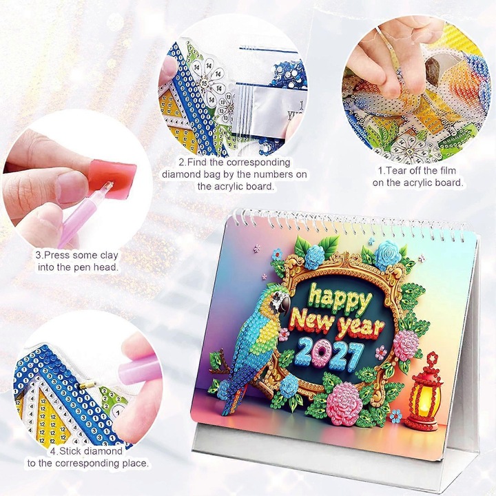Calendar de birou 2027, set pictura cu pietre stralucitoare, multicolor, 30x20cm