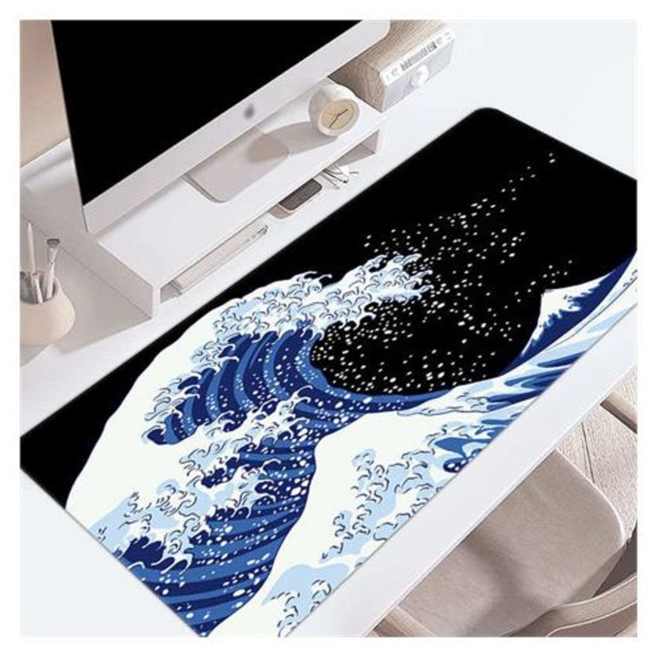 Covoras pentru mouse K0285-EP0814-HJ35346, baza din cauciuc natural antiderapant, suprafata textil optimizata pentru precizie (L), design valuri albastre, multicolor