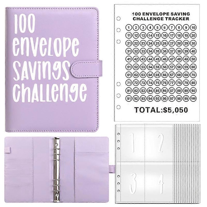 Organizator buget, piele PU, violet, 23.5x18cm, set 100 plicuri