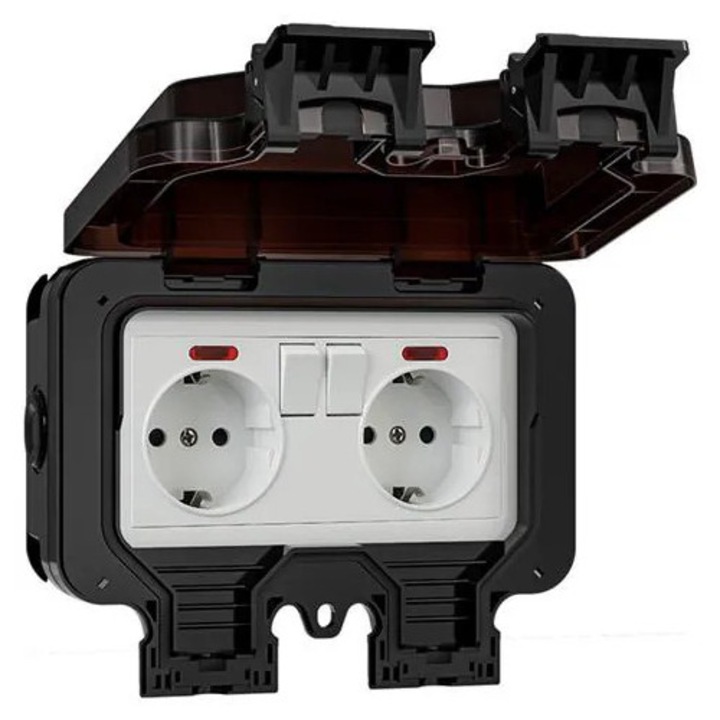 Cutie cu 2 prize etansa K0285-EP0814-HJ33016, IP66, prize Schuko (standard german), capac rabatabil de protectie, black/white
