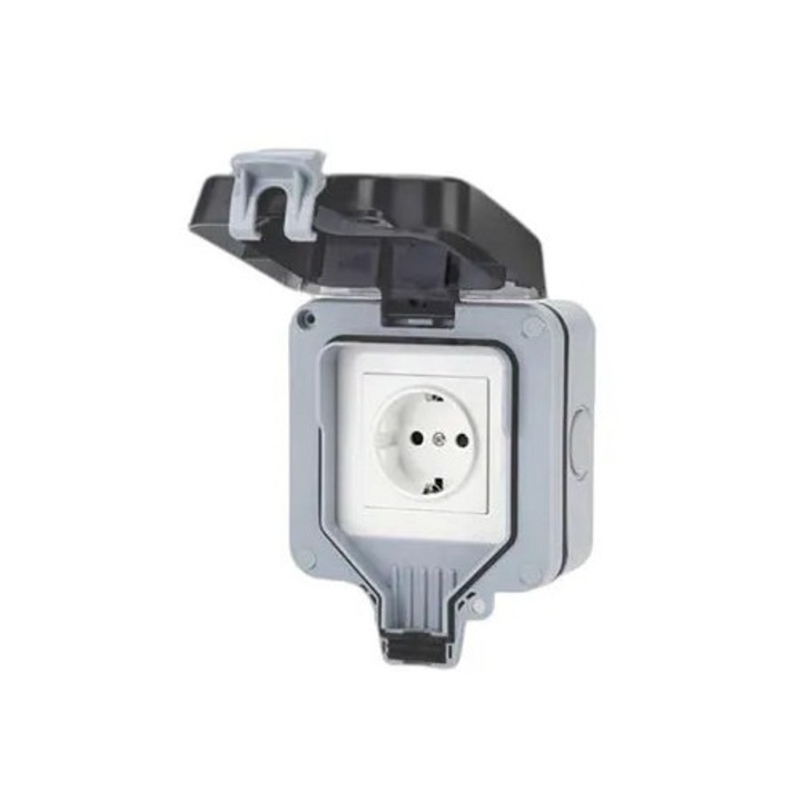 Priza de perete exterior K0285-EP0814-HJ33178, protectie IP66, 16 A, 250 V, gri
