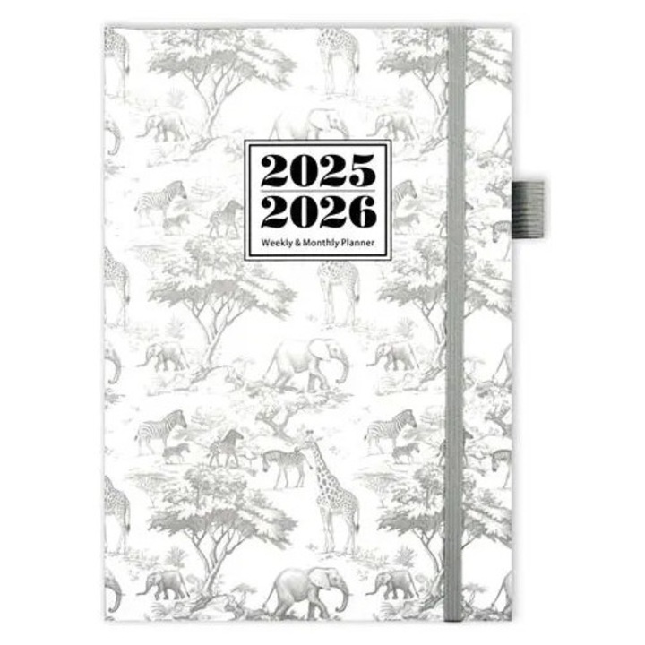 Planner saptamanal si lunar 2025–2026 K0285-EP0814-HJ33895, layout pe trepte, inchidere elastica, suport pentru pix, alb/gri