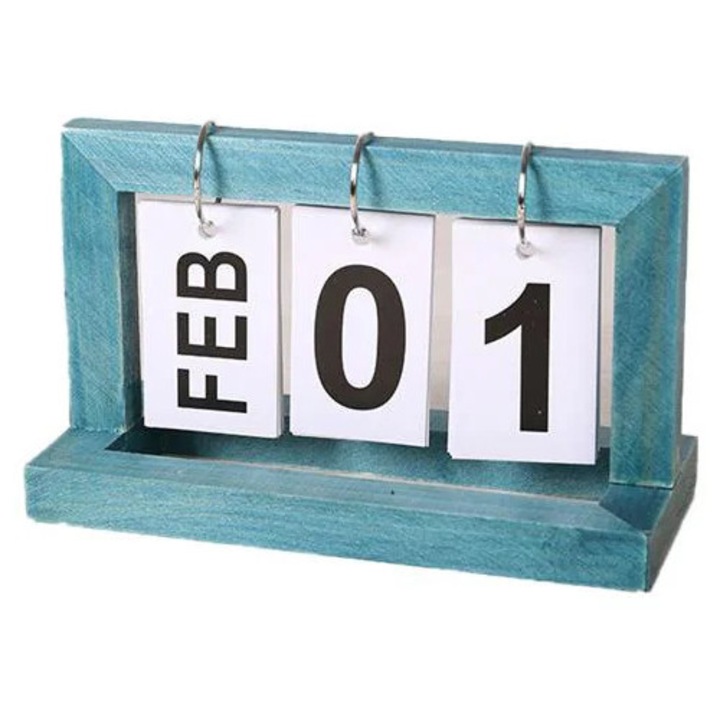 Calendar perpetuu din lemn K0285-EP0814-HJ34749, design minimalist cu file pentru luna si zi, turcoaz