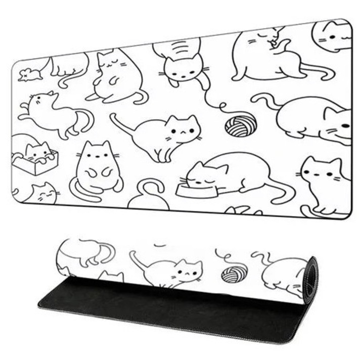 Mouse pad K0285-EP0814-HJ34965, impermeabil, baza antiderapanta din cauciuc, suprafata mare cu model pisici, alb/negru
