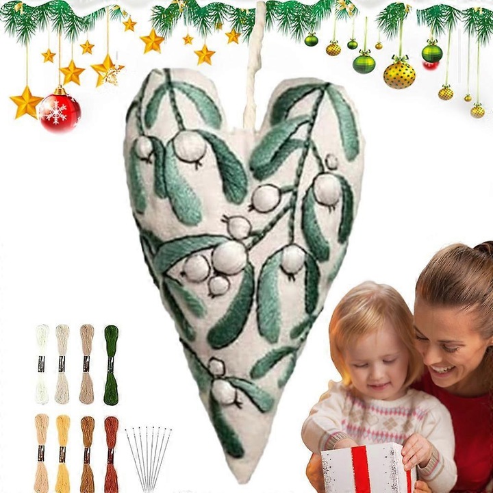 Set broderie ornamente inima Craciun 16cm multicolor