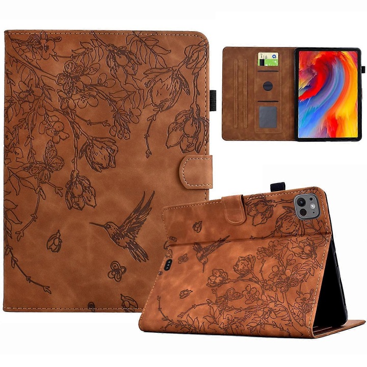 Husa tableta, piele PU si TPU, model flori si pasari, maro, 11 inch