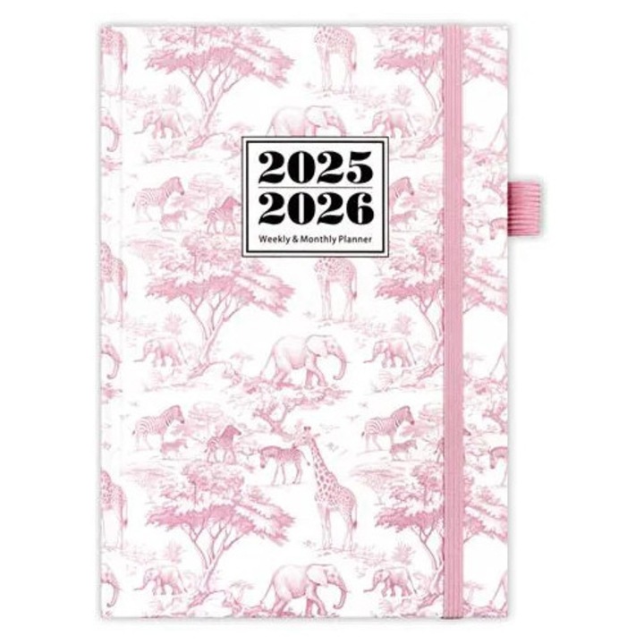 Planificator saptamanal si lunar 2025–2026 K0285-EP0814-HJ30968, layout in trepte (weekly step), coperta roz/alb cu pattern animalier, elastic de siguranta si suport pentru pix