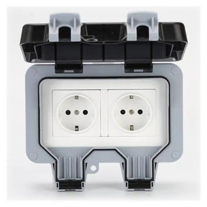 Priza dubla de perete pentru exterior K0285-EP0814-HJ36217, IP66, cu capac rabatabil etans, priza Schuko (Tip F), gri