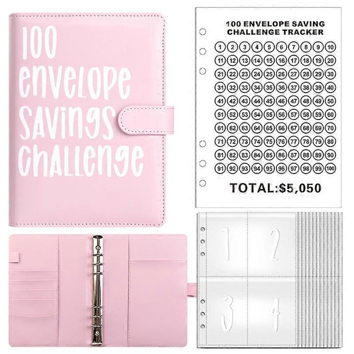 Organizator buget, piele PU, roz, 23.5x18cm, set 100 plicuri