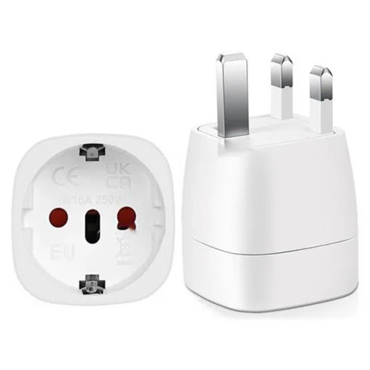 Adaptor de priza EU la UK K0285-EP0814-HJ31722, compact, certificat pentru standarde de siguranta UK, alb