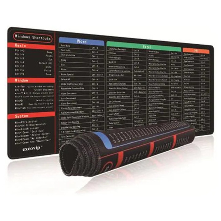 Covoras pentru mouse extins, cauciuc natural, suprafata textila neteda, antiderapant, imprimeu comenzi Windows, Multicolor, 300x800 mm, 4 mm