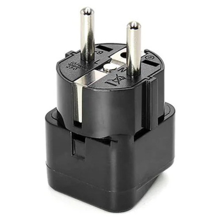 Adaptor de priza pentru calatorie K0285-EP0818-HJ37143, conversie priza europeana pentru Germania/Franta/Coreea de Sud/Rusia, negru, compact