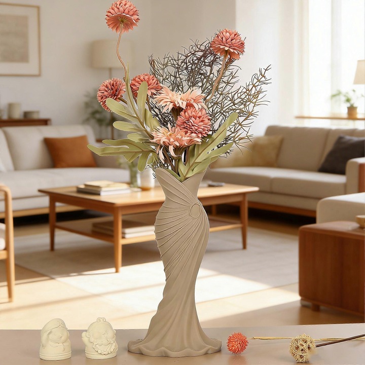 Vaza decorativa alba, plastic, forma rochie, minimalist, desktop